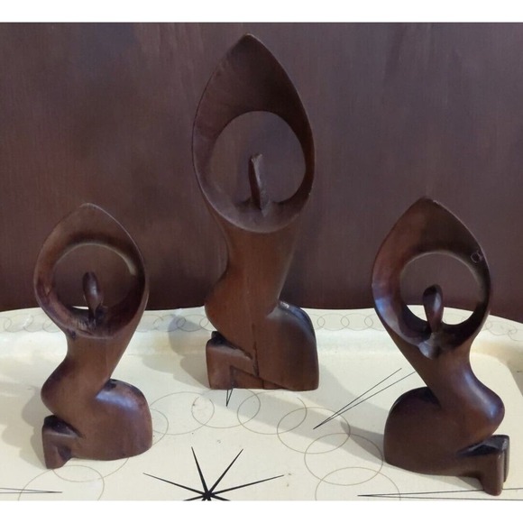 Hand Carved African Sculpture Lot of 3 Wood Abstract Family Figurines 6 & 8 inch - Picture 1 of 10